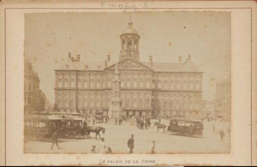 View of the Dam in Amsterdam with the Royal Palace, 'Naatje' and horse trams and passers-by