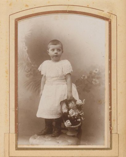 Portrait of a child, standing on a chair with flowers