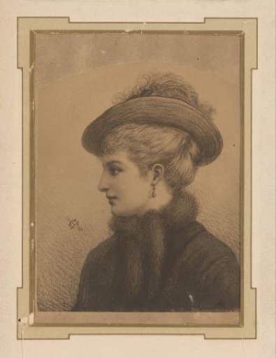 Photographic reproduction of a drawn portrait of a woman with a hat