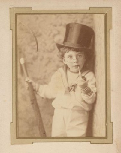Portrait of a child with a pipe, spectacles, and a tall hat