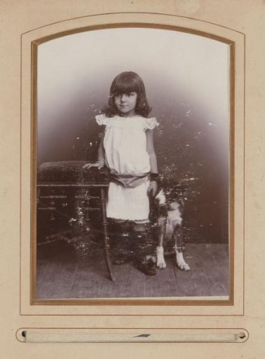 Portrait of a standing girl in a white dress and a dog