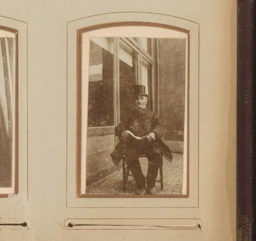 Portrait of a Man with a Top Hat, Seated on a Chair in Front of a House