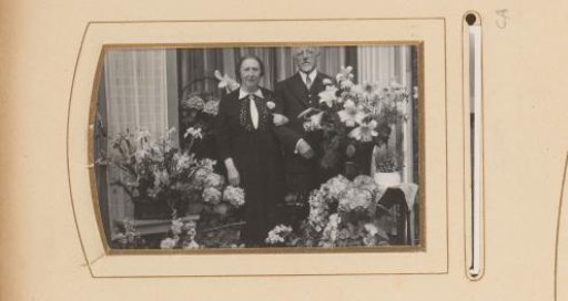 Portrait of a standing couple, surrounded by plants and flowers