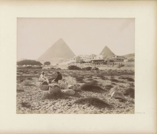 View of the pyramids of Giza with the 'Mena House' hotel in the foreground