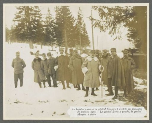 General Bobio, General Maspero and men at the entrance to the trenches in the front line in the Dolomites, presumably Italians