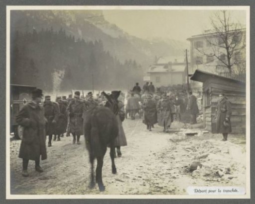 Group of soldiers on the way to the trenches in the Dolomites, presumably Italians