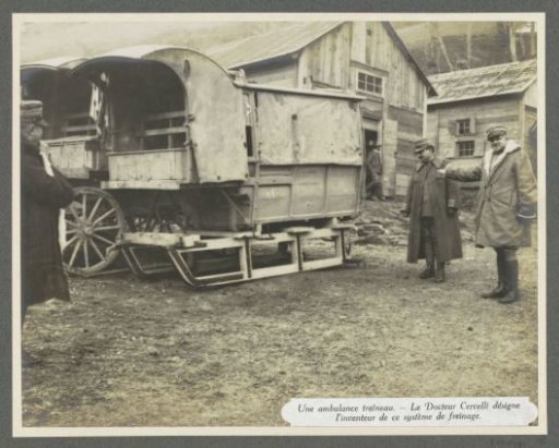 Doctor Cervelli and a soldier at an ambulance sled in the Dolomites