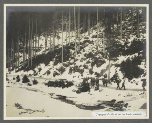 Wounded transport by stretcher on the mountainsides of the Dolomites, presumably Italians