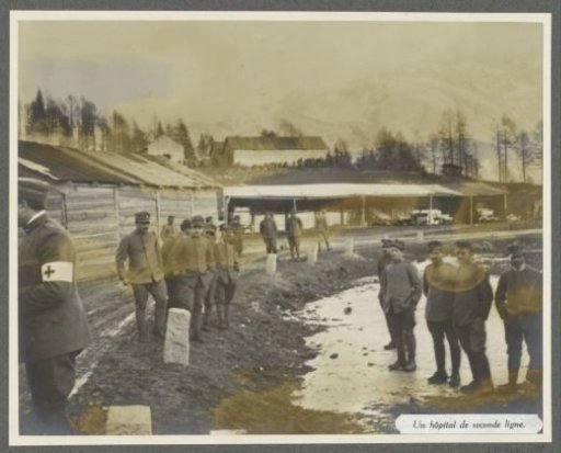 Soldiers at a field hospital behind the front in the Dolomites, presumably Italians