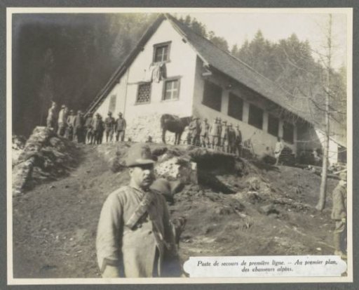 Alpine hunters at an aid post at the front in the Dolomites, presumably Italians