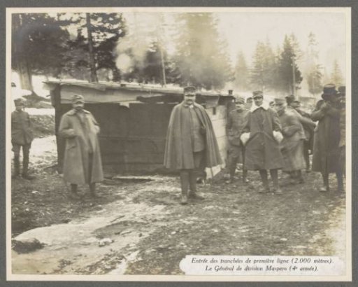 General Maspero and Italian soldiers at the entrance of a trench on the front in the Dolomites