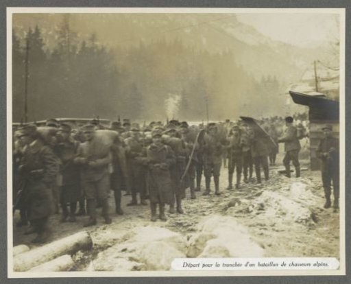 Departure to the trenches of a battalion of Alpine hunters in the Dolomites, presumably Italians