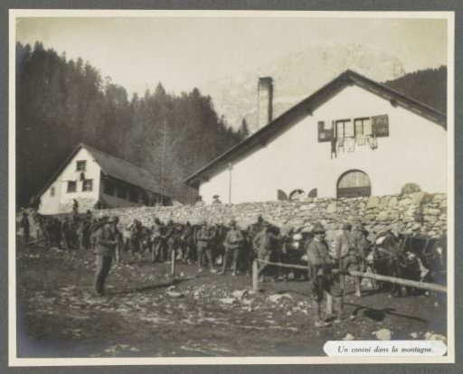 Presumably Italian Alpine hunters escorting mules during the transport of military staff