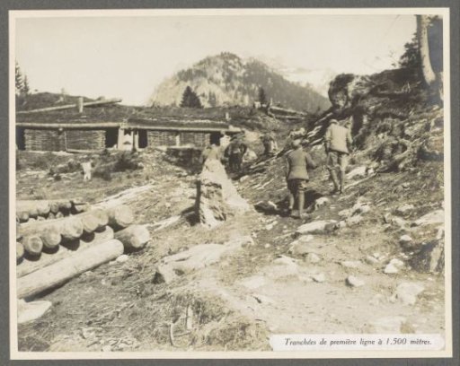 Soldiers at trenches on the front at 1500 meters altitude in the Dolomites, presumably Italian