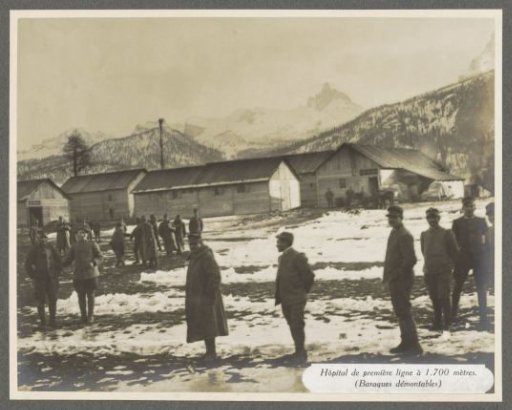 Soldiers at a field hospital on the front in the Dolomites, presumably Italian