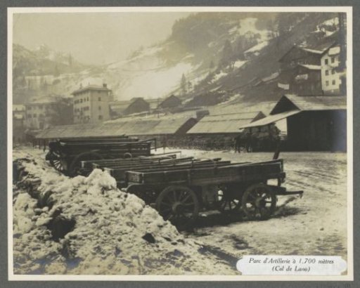 Artillery park with carts and cannons at 1700 meters near the Col de Lano (Lana)