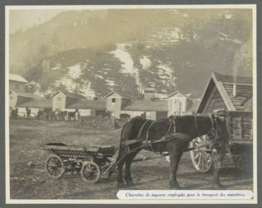 Presumably Italian soldier transporting ammunition with a farm cart in the Dolomites