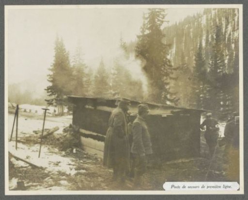 Soldiers at an aid post on the front in the Dolomites, presumably Italian