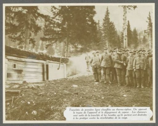 On the left a structure is visible from which smoke escapes. This is from the heating by means of a thermosiphon. Some Alpine hunters wear glasses to prevent snow blindness. Part of the Topographical Album of Venice, 1881.