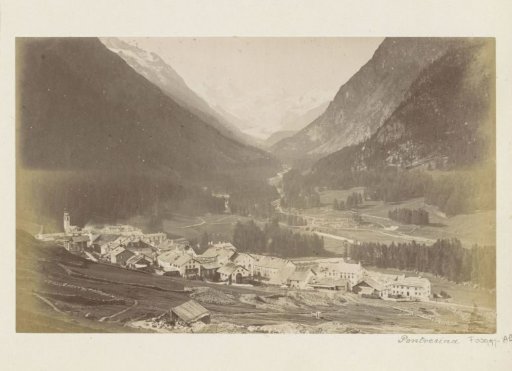 View of the village of Pontresina and surrounding mountains