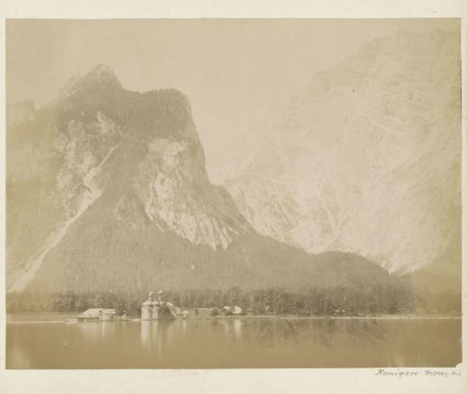 View of the Königssee, St. Bartholomew's Church and the mountains behind