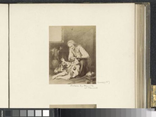 Photoreproduction of (probably) a painting by Bartolomé Esteban Murillo, depicting a mother unswaddling her child