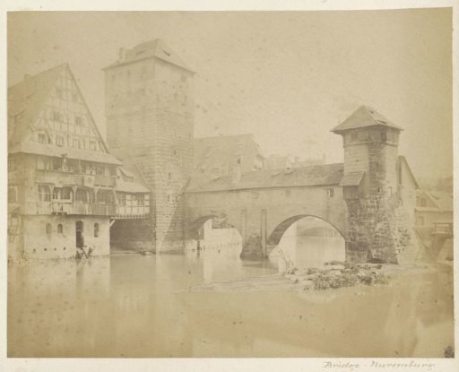 Henkersteg Bridge between the water tower (left) and the Henkertower (right) in Nuremberg