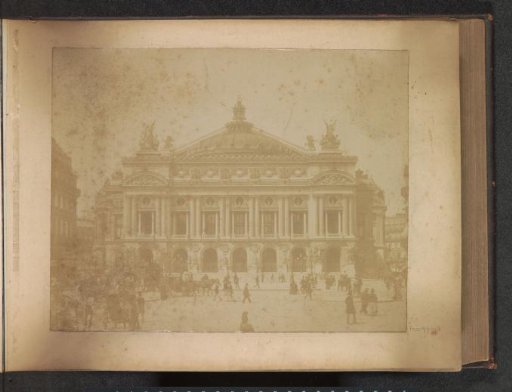 Exterior of the Opera in Paris with carriages and passers-by in front of it