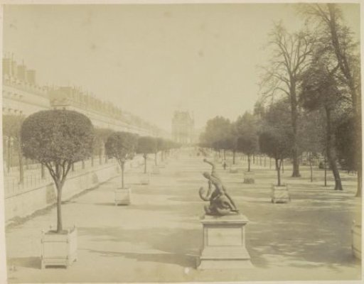 Jardin des Tuileries in Paris with potted trees and a statue, viewed towards the Louvre
