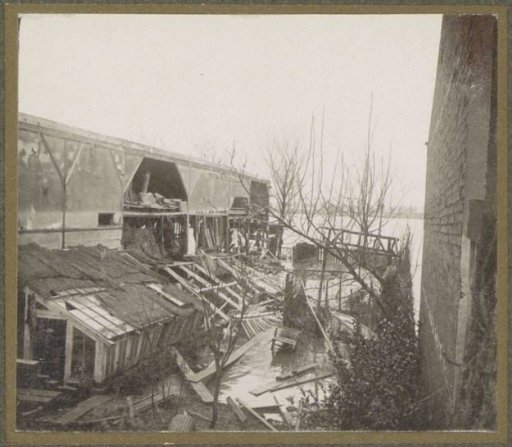 Destroyed factory or workshop in a flooded suburb of Paris