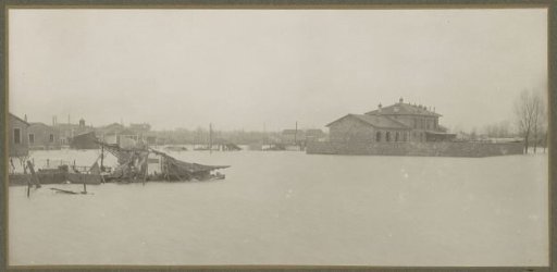 Panoramic photograph of flooded and destroyed barns around a villa in a suburb of Paris