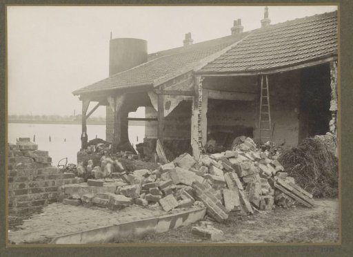Destroyed building in a flooded suburb of Paris