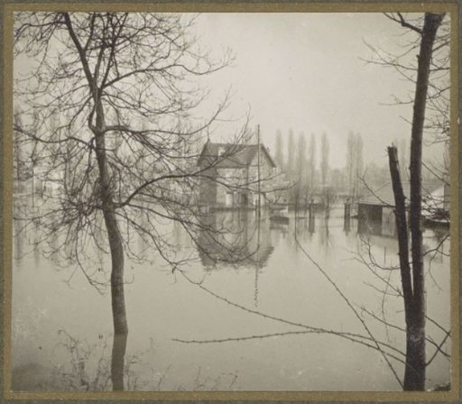 Houses in a flooded suburb of Paris seen through bare trees