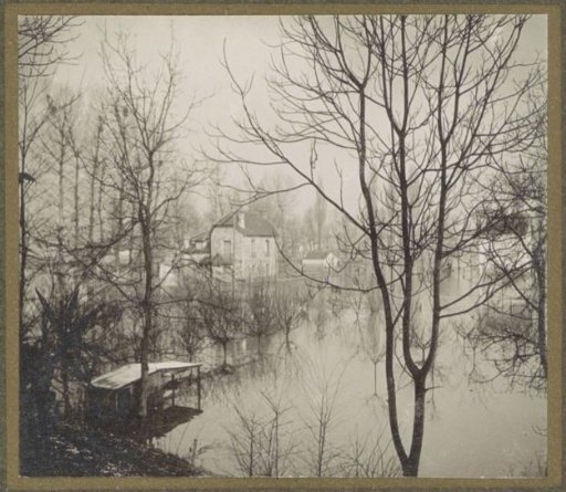 House in a flooded suburb of Paris seen through bare trees