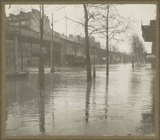 Flooded street near a railway viaduct during the flooding of Paris