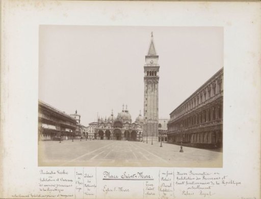 View of St. Mark's Square, the Campanile, the Basilica of St. Mark and the Doge's Palace in Venice