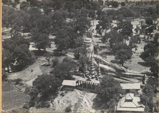 Reclining Buddha statue and pagoda, viewed from the air