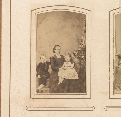 Portrait of a seated woman, identified as Bertha, and two children