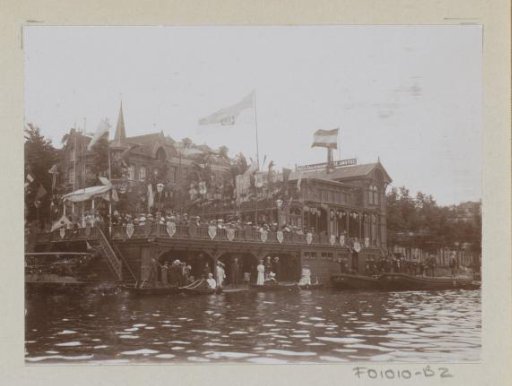 Decorated boathouse of the Rowing and Sailing Club De Amstel during the celebration of the 25th anniversary on the Amsteldijk