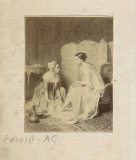 Photographic reproduction of (possibly) a painting with a bathing woman and her maid