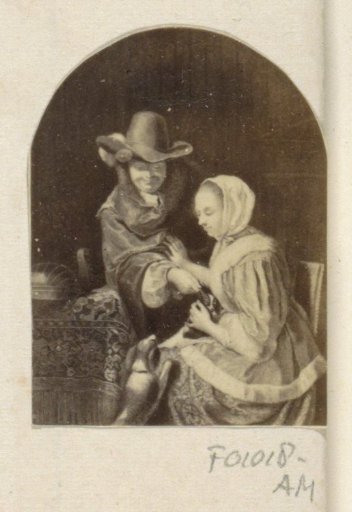 Photographic reproduction of (possibly) a painting with a man, a woman and a little dog