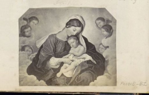 Photographic reproduction of (possibly) a print with Mary and the child Jesus surrounded by angels