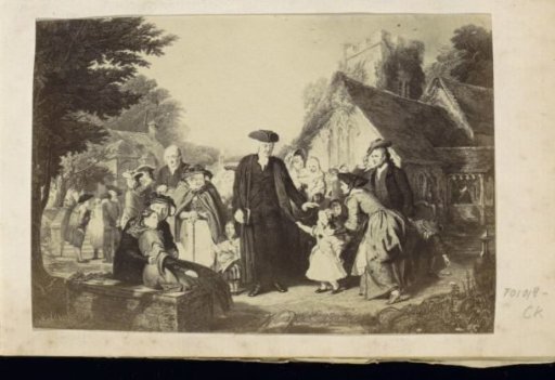 Photographic reproduction of a print of a greeting scene at a small church in the countryside