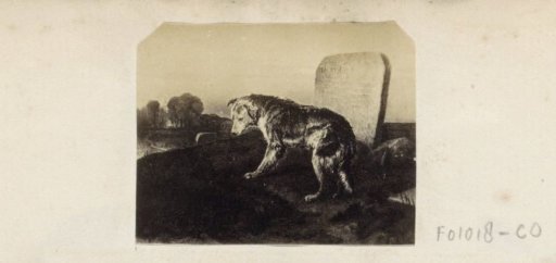Photographic reproduction of (possibly) a print with a dog on a grave