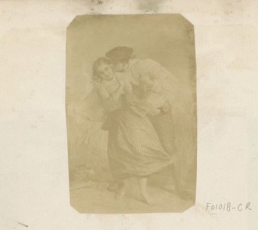Photographic reproduction of (possibly) a print with a young man attempting to kiss a girl
