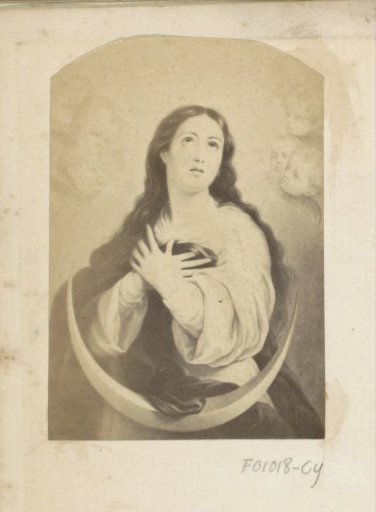Photographic reproduction of (possibly) a print of a Madonna on the crescent moon surrounded by angels