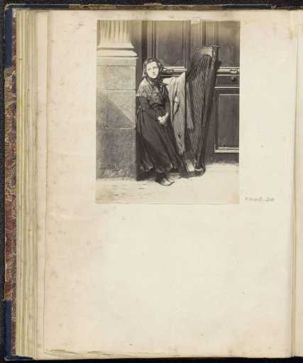 Photographic reproduction of a painting by Louis Lasalle depicting a young girl beside a harp