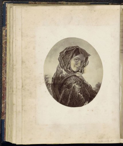 Photographic reproduction of (probably) a painting with a young woman wearing a headscarf