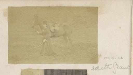 Woman identified as Edith Grant with a horse, presumably in Great Britain