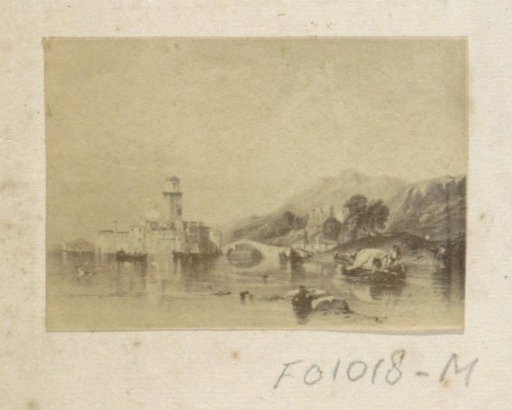Photographic reproduction of (presumably) a painting of a landscape with a tower, a bridge and a river